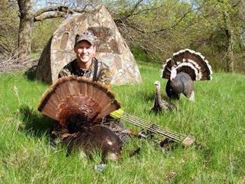 The author with a South Dakota turkey taken many years ago from an original Double Bull T5 blind.
