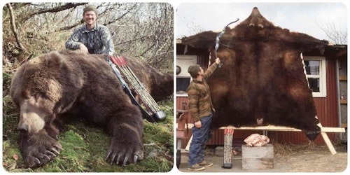 Legendary bowhunter — and finger shooter — Chuck Adams with his 1989 brown bear with a hide that officially squared 10 feet, 8-1/2 inches. He was using a Hoyt Archery ProVantage finger bow, Easton 2317 Gamegetter arrow, and Zwickey Black Diamond broadhead. Shot distance was only 12 yards.