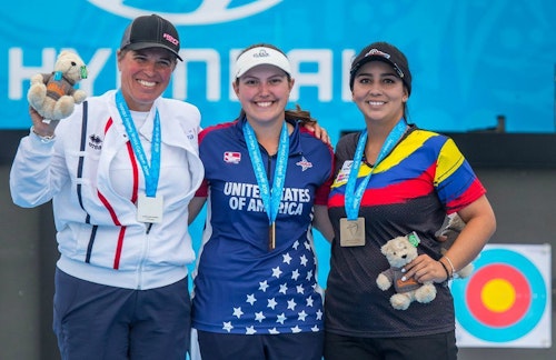 Left to right: Sophie Dodemont from France took the silver in Berlin, Team USA’s Alexis Ruiz with gold and Sara Lopez from Colombia with bronze.