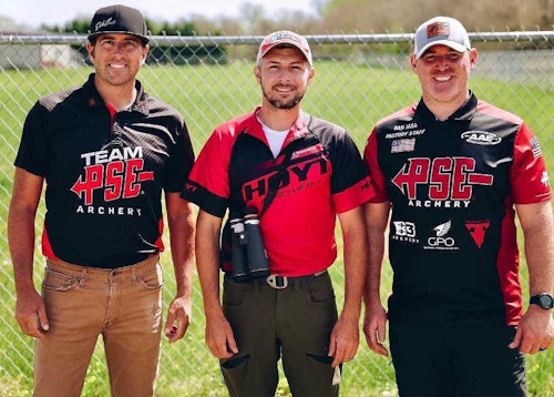 2022 Field Nationals Compound Men division podium (left to right): Dave Cousins (second place), Jesse Broadwater (first place) and Dan Jasa (third place).