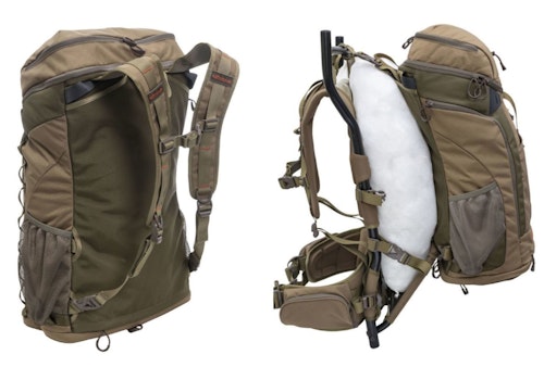 Left: The standalone 3,900-cubic-inch backpack removed from the external frame. Right: Meat can be hauled in game bags (not included) secured to the Trophy X’s external frame.