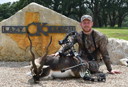 Archery Business and Bowhunting World columnist Darron McDougal with a fine black buck taken during the May 2019 FeraDyne media event at Lazy CK Ranch.