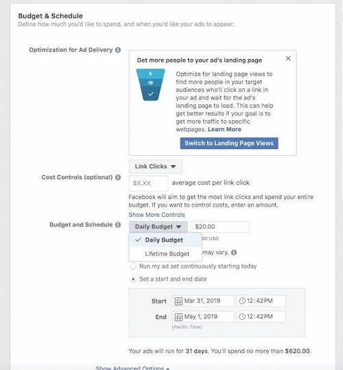 When setting your Facebook budget, keep in mind that Facebook will spend as much money as you allow it to. You can choose to spend up to a certain amount per day, or you can choose to set a “lifetime” limit for the ad over a set period of time.