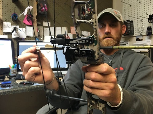 Jerrod “Ears” Meyer of Vapor Trail Archery recommends replacing strings/cables before they are needed to avoid an expensive hospital visit.
