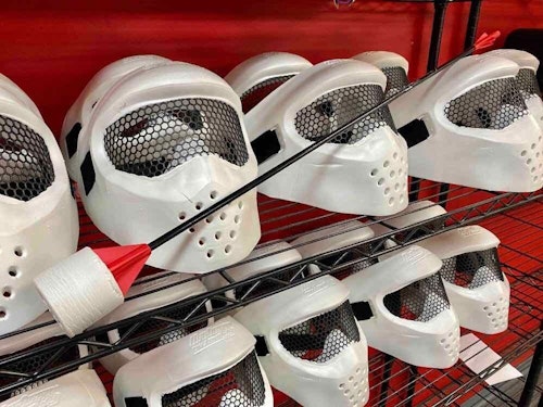 Archery Tag combines elements of dodgeball with the skills of shooting a bow. Music City Archery provides all equipment, including safety gear such as these helmets.