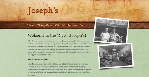 In this screen grab of Joe's Vintage Guns' website, located in Richmond, Texas, you can see how the retailer emphasizes personality on the hompage with it's origin story and vintage photos featuring family members with ties to the business. One thing the shop could do to improve their site is to make it easier to find their phone number, email and street address. Now, that information is hidden under the "Vintage Guns" menu tab. Photo: Joe's Vintage Guns 