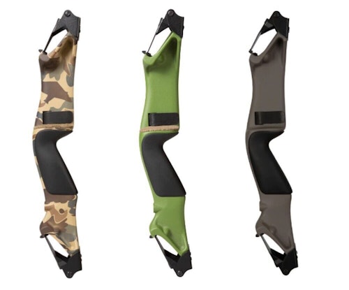 The Bear Mag Riser is available in three finishes: Fred Bear Camo, Moss Green, and Stone. Shown above is handle style A, which is 4 inches shorter than style B.