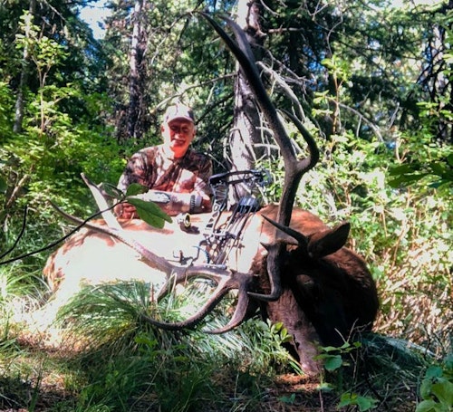 RMHC Founder Rockie Jacobsen with his early September 2019 elk. The bull responded to a Raging Bull diaphragm and the Wapiti Whacker bugle tube; shot distance, 10 yards.