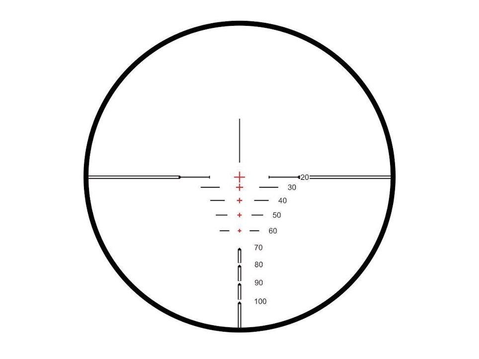 Hawke XB1 SR reticle shown with red illumination activated.