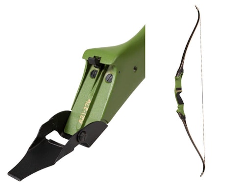 Bear Mag Riser With Take-Down Limbs; this classic Fred Bear design allows for easy mounting of limbs (left).