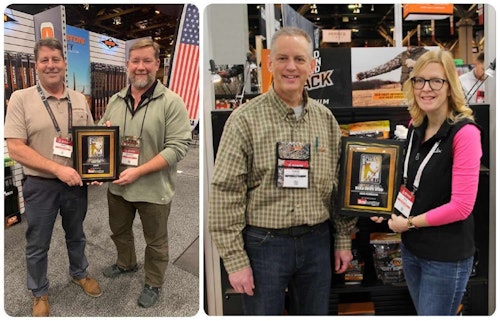 Archery Business staff handed out 2024 Readers’ Choice Awards plaques to winners who attended this year’s ATA Trade Show. Easton won the gold award in the arrow category (left), and Dead Down Wind won gold in the odor eliminator category (right). Scroll to the bottom of this article to see photos of other winners receiving their awards.