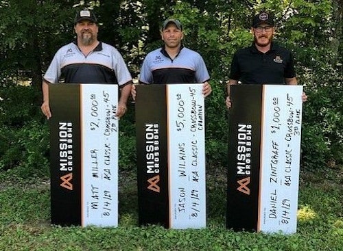 Left to right: Matt Miller (second place), Jason Wilkins (first place) and Daniel Zintgraff (third place) swept the podium for Mission Crossobows, giving shooters from Mission Crossbows a perfect six-event sweep during the 2019 season.