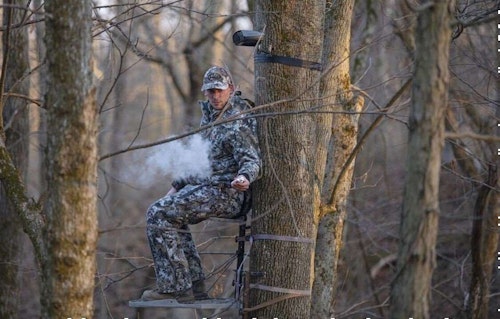 This photo accurately shows the correct position for an Ozonics device while hunting from a treestand. It should hang above your head and be pointed downwind.