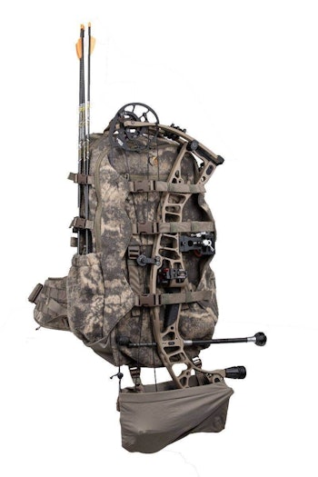 The drop down gear pouch on the DoubleBack Xtreme Pack works well for carrying a compound bow, saddle gear, or even a pop-up ground blind.