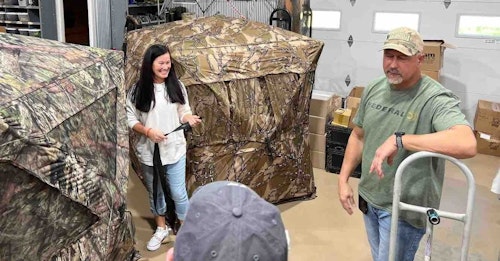 Anthony Foster, Primos operations manager and product development engineer, describes how the company refurbishes damaged ground blinds to be sent back to customers.